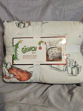 The Grinch Twin Quilt & Sham Set - Green/White Brand New